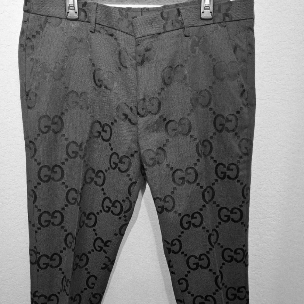 Gucci GG Monogram Charcoal Black/Dark Gray 100% Cotton Mens Slim Fit Pants 38/30